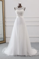 Elegante lange A-Line Jewel Tule Appliques kanten trouwjurk