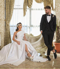 Elegant Long A-Line One Shoulder Satin Wedding Dress with Slit