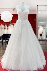 Elegante lange A-lijn prinses tule lieverd ruches trouwjurk