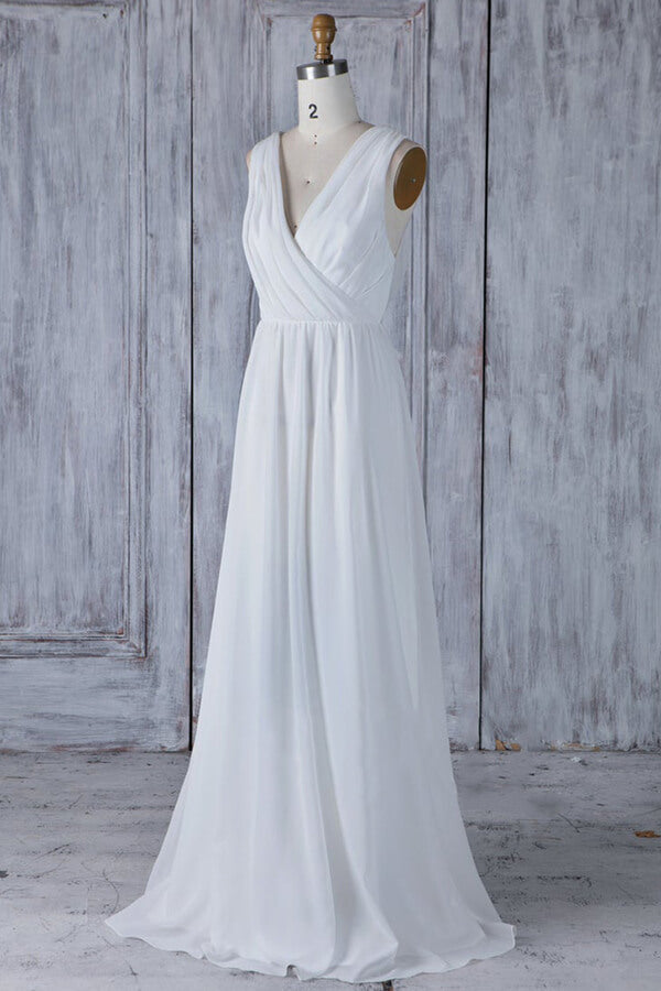 Elegante lange a-line ruches kanten chiffon trouwjurk