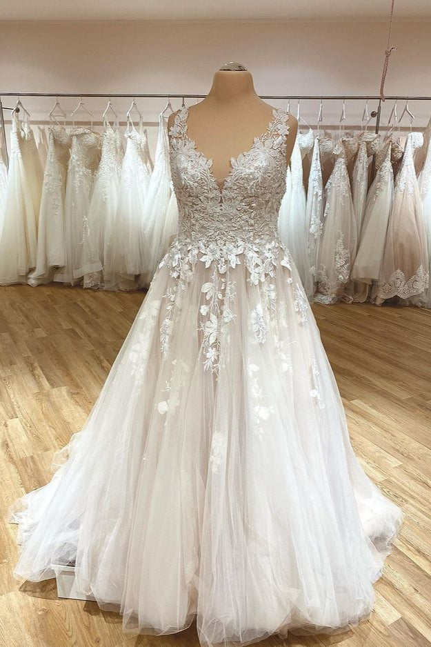Elegante lange a-line sweetheart appliques kanten tule trouwjurk