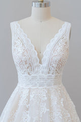 Elegant Long A-line V-neck Appliques Lace Tulle Backless Wedding Dress