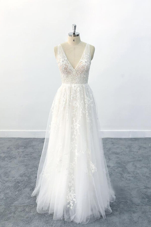 Elegante lange A-lijn V-hals Appliques Tule Backless trouwjurk