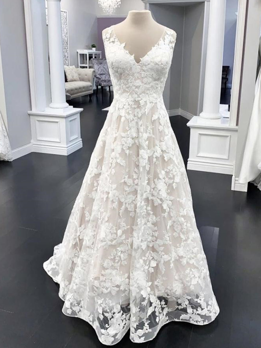 Elegant Long A Line V Neck Floral Lace Trouwjurken