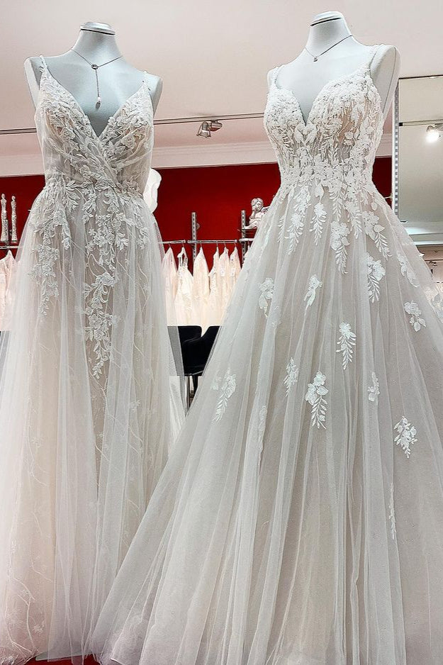 Elegante lange A-Line V-nek Mouwloze ruches Backless trouwjurk