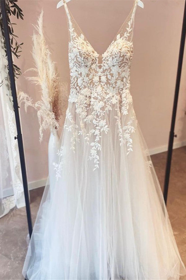 Elegante lange A-lijn V-hals tule Appliques kant open achterkant trouwjurk