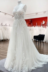 Elegante lange A-Line V-nek TULLE Spaghetti-riemen Lace Wedding Jurk
