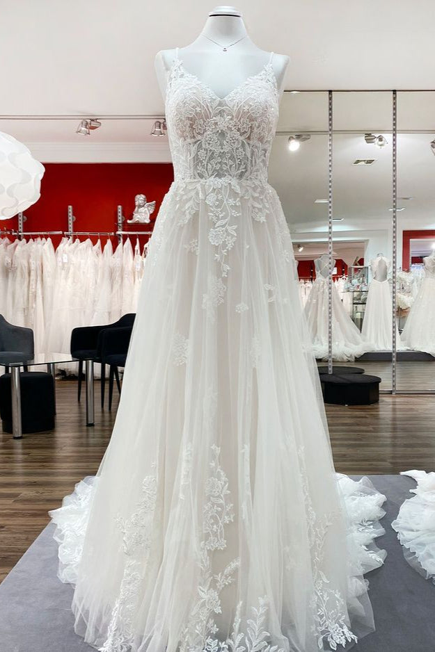 Elegante lange A-Line V-nek TULLE Spaghetti-riemen Lace Wedding Jurk