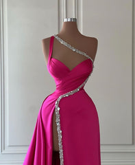 Elegante lange fuchsia one schouderjuwelen mouwloze prom -jurken Long Slit Online