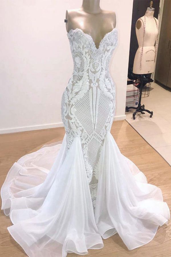 Elegante lange zeemeermin lieverd pailletten trouwjurk