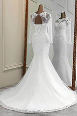 Elegante lange zeemeermin Tule Jewel trouwjurk met mouwen