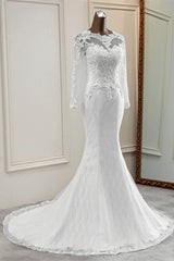 Elegante lange zeemeermin Tule Jewel trouwjurk met mouwen