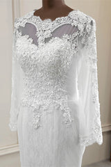 Elegante lange zeemeermin Tule Jewel trouwjurk met mouwen