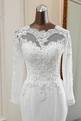 Elegante lange zeemeermin Tule Jewel trouwjurk met mouwen