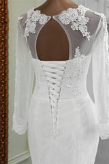 Elegante lange zeemeermin Tule Jewel trouwjurk met mouwen