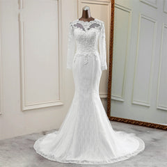 Elegante lange zeemeermin Tule Jewel trouwjurk met mouwen