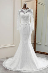 Elegante lange zeemeermin Tule Jewel trouwjurk met mouwen
