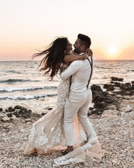 Elegant Long Mermaid V-neck Floral Wedding Dress With Lace Backless