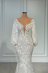 Elegante lange zeemeermin v-hals tule kanten trouwjurk met mouwen