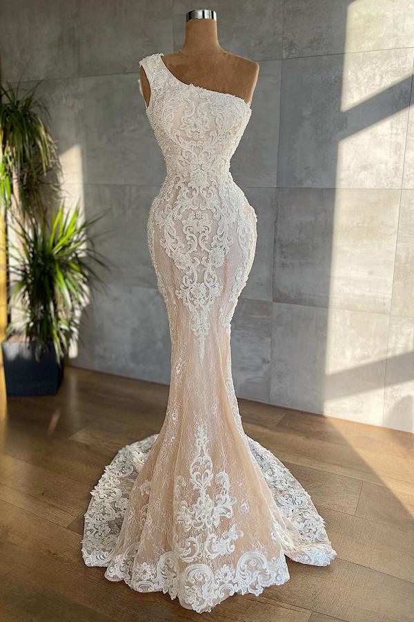 Elegante lange schouderapliques kanten zeemeermin trouwjurk