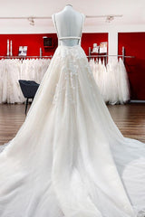 Elegante lange prinses V-hals tulle Backless trouwjurk met kant