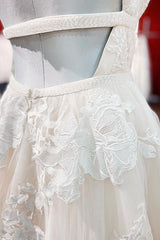 Elegante lange prinses V-hals tulle Backless trouwjurk met kant