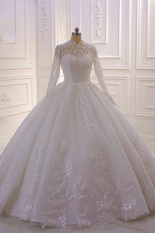 Elegant Long Sleeve High Neck A-line Wedding Dress Lace with Sequined Ruffles