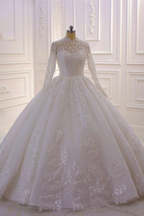 Elegant Long Sleeve High Neck A-line Wedding Dress Lace with Sequined Ruffles