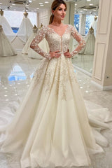 Elegant Long Sleeve Lace A-Line Wedding Dress V-Neck with Appliques