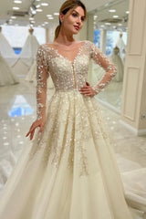 Elegant Long Sleeve Lace A-Line Wedding Dress V-Neck with Appliques
