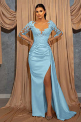Elegant Long-Sleeve V-Neck Prom Dress with Beads Lace Appliques Ruffles Evening Dress