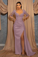 Elegant Long-Sleeve V-Neck Prom Dress with Beads Lace Appliques Ruffles Evening Dress