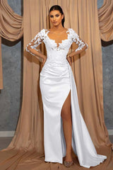 Elegant Long-Sleeve V-Neck Prom Dress with Beads Lace Appliques Ruffles Evening Dress