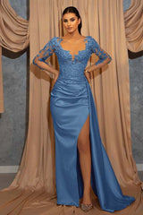 Elegant Long-Sleeve V-Neck Prom Dress with Beads Lace Appliques Ruffles Evening Dress