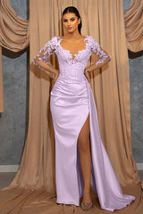 Elegant Long-Sleeve V-Neck Prom Dress with Beads Lace Appliques Ruffles Evening Dress