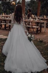A-line Elegant Long Sleeves Tulle Wedding Dresses Bridal Gowns With Lace Applique