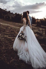 A-line Elegant Long Sleeves Tulle Wedding Dresses Bridal Gowns With Lace Applique
