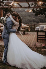 A-line Elegant Long Sleeves Tulle Wedding Dresses Bridal Gowns With Lace Applique