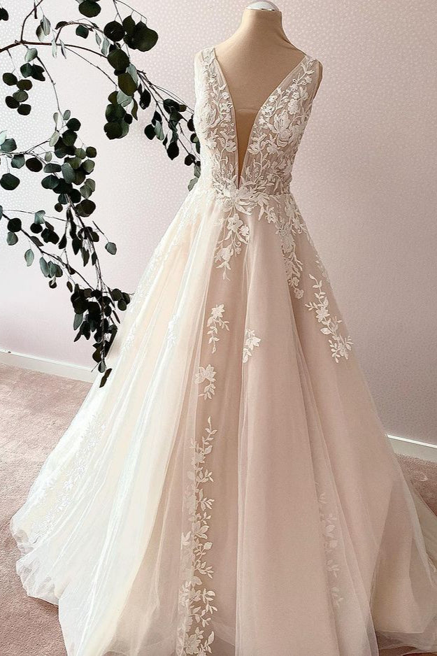 Elegante lange lieverd a-line tule appliques kanten trouwjurk