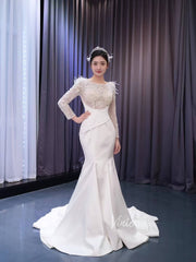 Elegant Mermaid Satin Wedding Dresses Pearl Beaded Long Sleeve Bridal Dress 67482