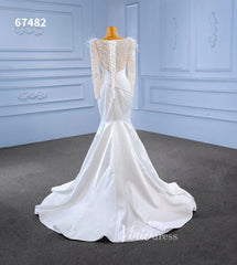 Elegant Mermaid Satin Wedding Dresses Pearl Beaded Long Sleeve Bridal Dress 67482