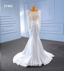 Elegant Mermaid Satin Wedding Dresses Pearl Beaded Long Sleeve Bridal Dress 67482