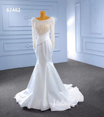 Elegant Mermaid Satin Wedding Dresses Pearl Beaded Long Sleeve Bridal Dress 67482