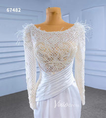 Elegant Mermaid Satin Wedding Dresses Pearl Beaded Long Sleeve Bridal Dress 67482