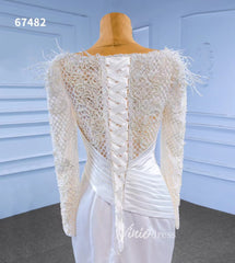 Elegant Mermaid Satin Wedding Dresses Pearl Beaded Long Sleeve Bridal Dress 67482