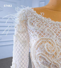 Elegant Mermaid Satin Wedding Dresses Pearl Beaded Long Sleeve Bridal Dress 67482