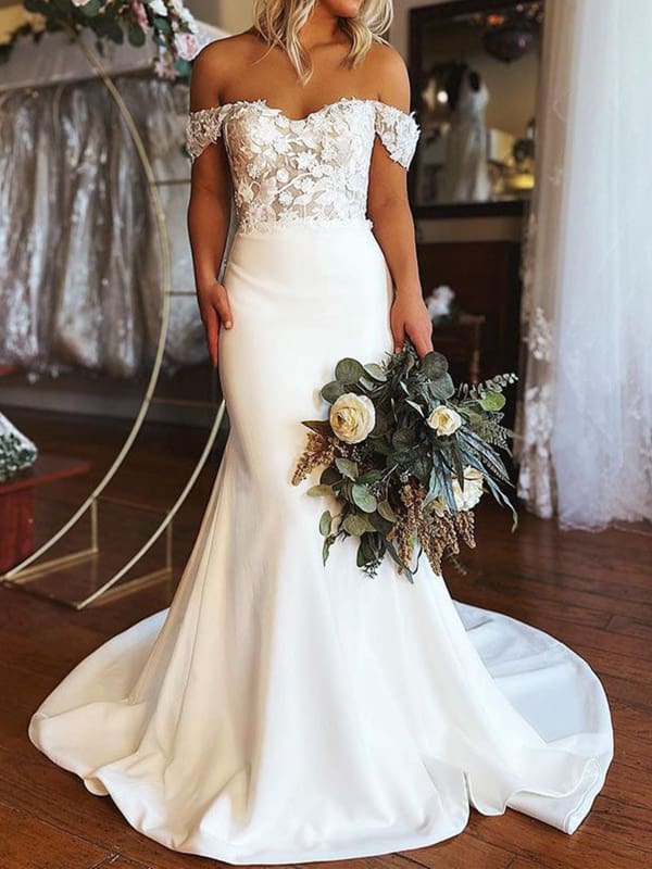 Elegant Off Shoulder Mermaid White Lace Long Wedding Dresses Formal Dresses