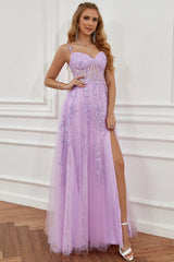 Elegant Off Shoulder Purple Lace Long Prom Dresses with High Slit, Lilac Lace Formal Dresses, Lavender Evening Dresses
