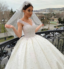 Elegant Off-the-Shoulder Backless Wedding Dress with Pearl Beading