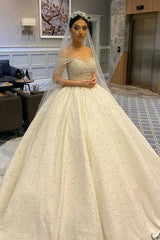 Elegant Off-the-Shoulder Backless Wedding Dress with Pearl Beading